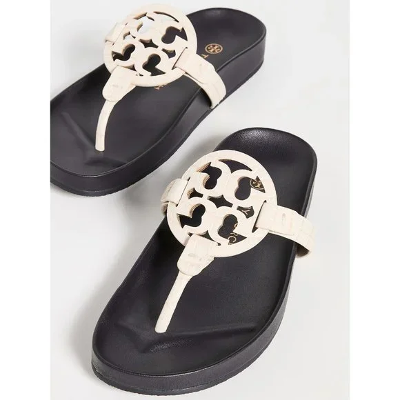 NIB Tory Burch Miller Cloud Leather Thong Sandal Cream Navy US 9 100% AUTHENTIC